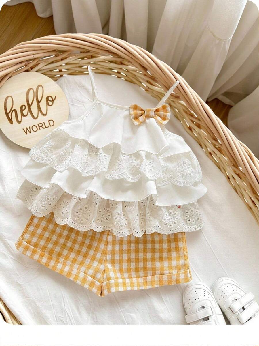 Babygirl Summer Cute Vacation Ruffle Trim Camisole And Plaid Shorts Set - Multicolor - View 1