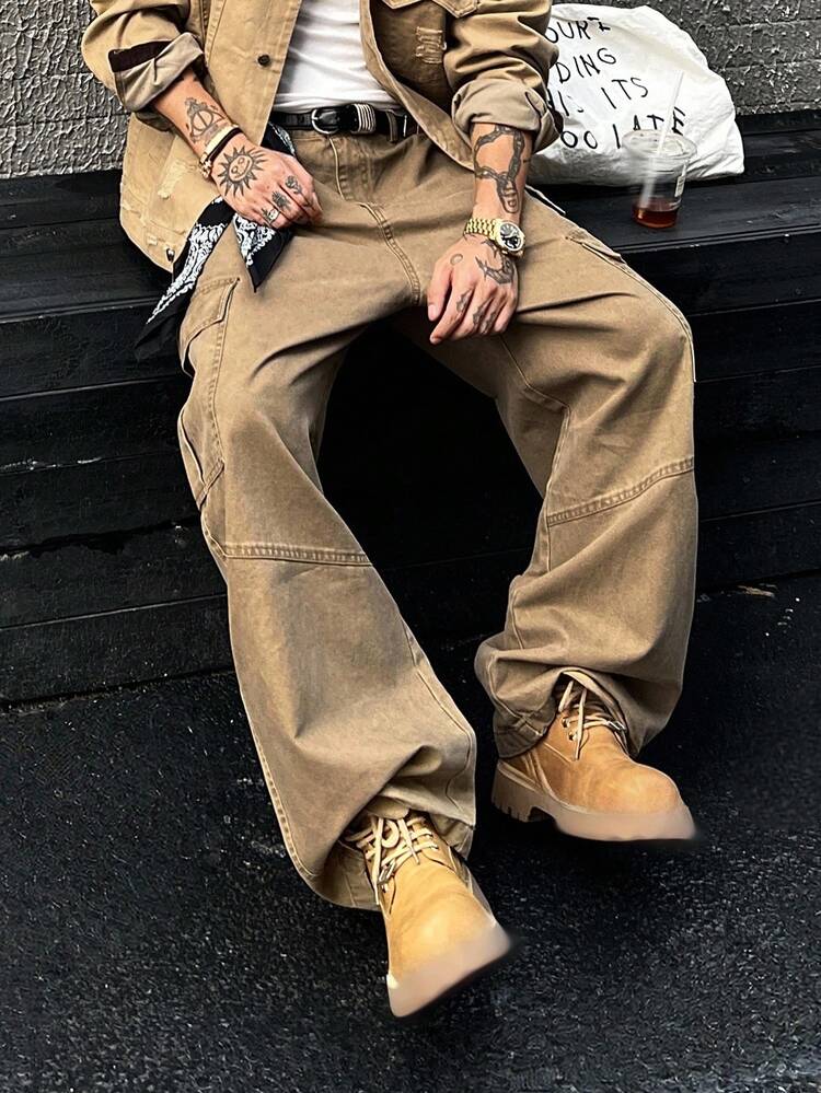 Solid Color Khaki Cargo Pocket Design Men's Pants, Autumn