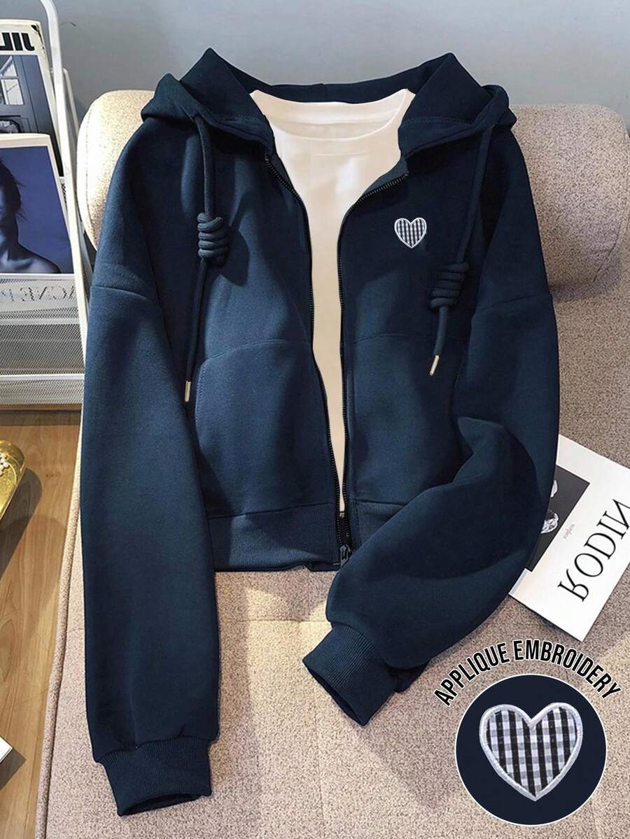 Resyla 女士连帽卫衣，心形刺绣图案拉链夹克，适合秋季服装、教师服装、返校季、毕业季、日常穿着 - 藏蓝色 - 查看 1