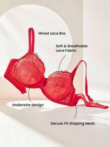 LUVLETTE Christmas & New Years Full Coverage Support Breathable Underwire Red Mesh & Lace Elegance Bra Bridal Intimates