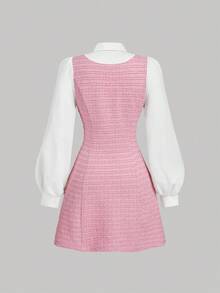 Elegant Plaid Patchwork 2-In-1 Long Sleeve Dress For Teen Girls, Suitable For Elegant Outfits, Back To School, Birthday Party, Evening Party, Performance, Wedding, Christening, Opening Ceremony, School, Travel, Halloween, Prom, Concert Preppy Dress Pink Tweed Dress School Girl Dress Aesthetic Preppy Clothes