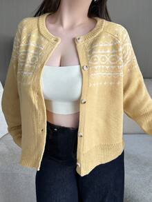 Flirla Áo khoác cardigan tay dài cổ tròn màu khối cỡ lớn - Màu vàng - Xem 1