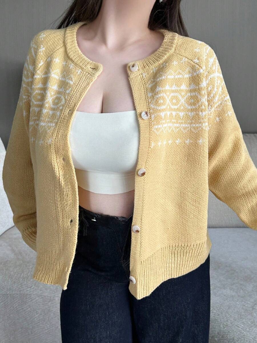 Flirla Áo khoác cardigan tay dài cổ tròn màu khối cỡ lớn - Màu vàng - Xem 1