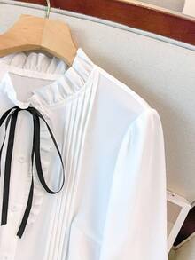 SHEIN CURVE+ 女士优雅长袖荷叶边波尔卡圆点系带衬衫