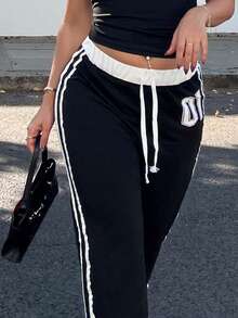 NegzBox Women's Spring & Summer Numeric Print Waist Insert Casual Sports Streetwear Retro Long Sweatpants Graduation,Back To School Outfits,Graduation,Teacher Outfits For Women,Back To School Fall Cloth For Women - Black - View 4