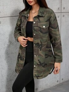 Teen Girl Camouflage Denim Lapel Long Sleeve Long Jacket