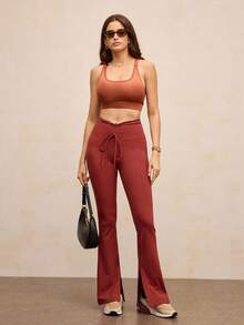 Activina Calça Flare Feminina de Cor Sólida com Design de Babado e Cordão na Cintura - Vinho - Visão 5