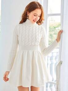 SHEIN 少女休闲高领收腰短款毛衣裙白色毛衣裙长袖白色连衣裙白色迷你裙麻花针织裙高领连衣裙长袖连衣裙秋冬针织连衣裙