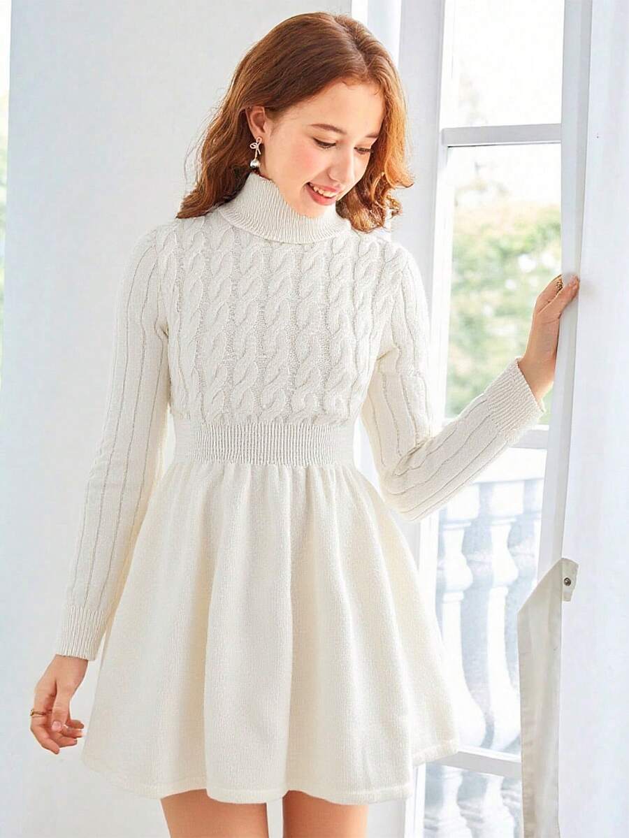 SHEIN 少女休闲高领收腰短款毛衣裙白色毛衣裙长袖白色连衣裙白色迷你裙麻花针织裙高领连衣裙长袖连衣裙秋冬针织连衣裙