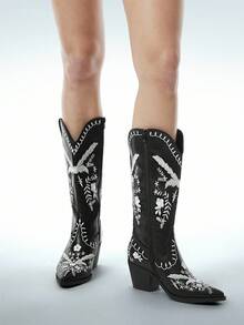 Solezae 时尚女式黑色仿聚氨酯尖头西部风格别致牛仔靴粗跟一脚蹬牛仔舞巡演假日秋冬鞋 - 黑色 - 查看 2