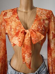 Bellisia 女士夏季高端蝴蝶橙色热情佩斯利渐变色蝙蝠袖荷叶边下摆浪漫度假V领系带前罩衫 - 橘色 - 查看 3