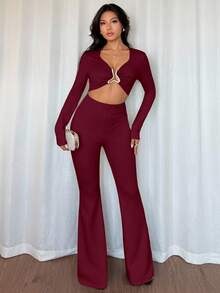 Rafferiza 欧美风格休闲金属装饰收腰长袖性感黑色高弹力女式连体裤 - 酒紅色 - 查看 6