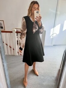 Vivie Lora 女式蝴蝶结系带拼接中长连衣裙 - 黑色 - 查看 2