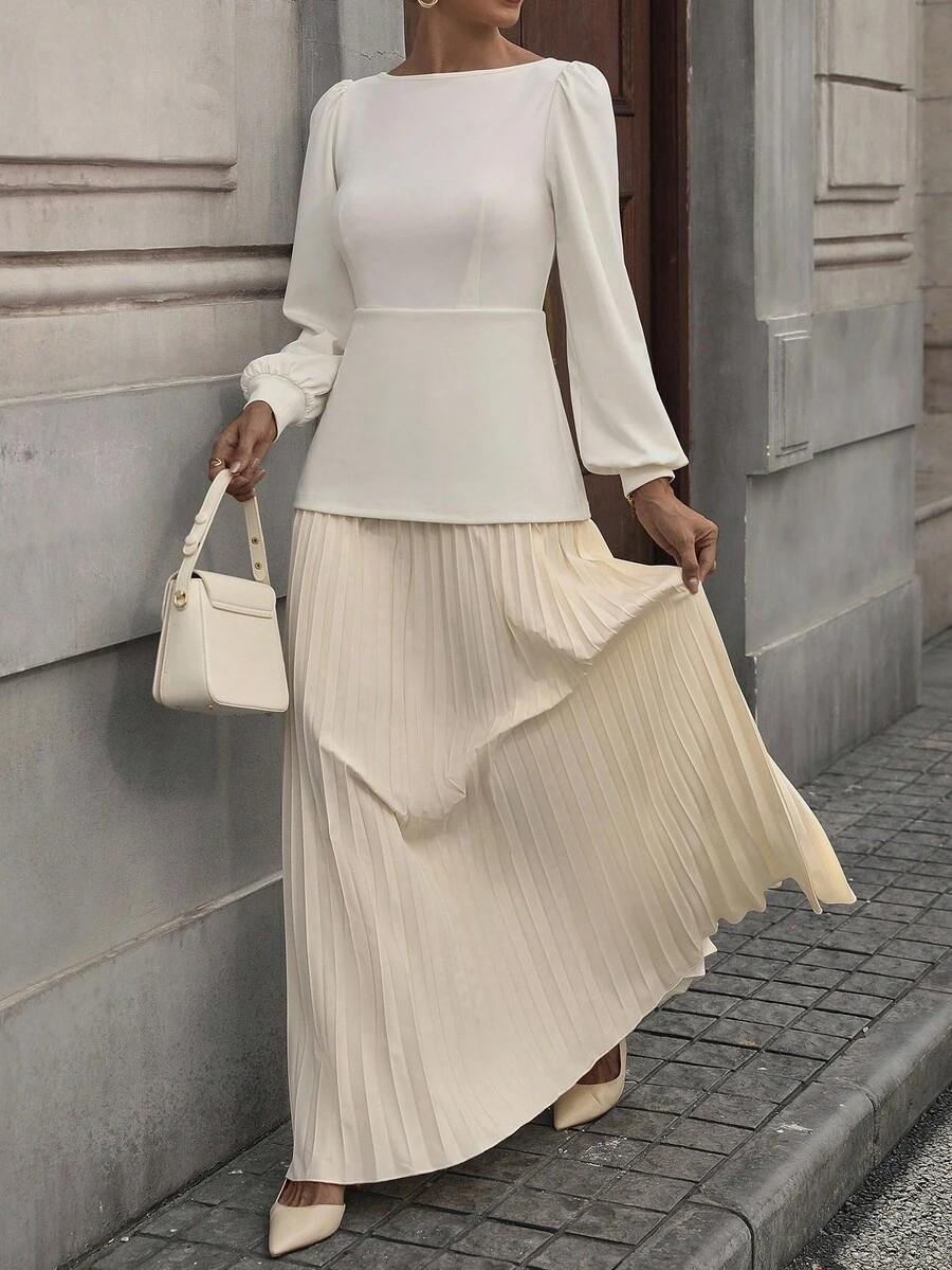 INAWLY Women's Extra Long Knitted Top Pleated Hem Dress - Apricot - View 1