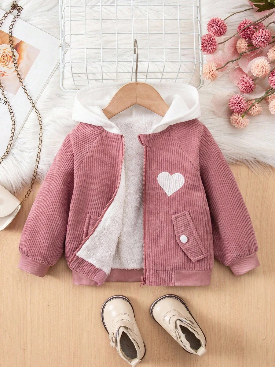 SHEIN Babygirl 可爱休闲粉色灯芯绒连帽衫，秋冬 - 粉色 - 查看 1