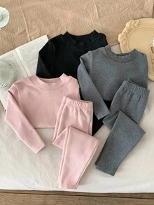 SHEIN Bộ 6 món/Bộ áo dài tay dệt kim màu trơn họa tiết hoạt hình dễ thương thường ngày và quần dài cho bé gái - Nhiều màu - Xem 4