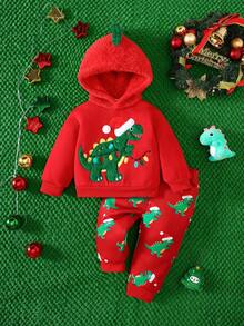 SHEIN Playful Pals Toddler Boys' Christmas Dinosaur Hooded Sweatshirt & Pants Set, Plush Hat, Holiday Outfit