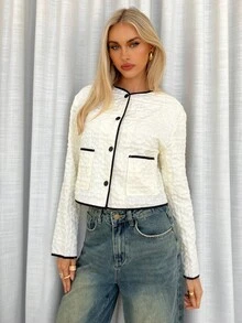 Siren Gaze 女士撞色滚边圆领外套，花卉纹理滚边单排扣外套，秋季，女士冬季外套，白色，适合新年夜、新年，休闲女装，白色衬衫短款外套，短款西装外套，粗花呢外套，女士休闲办公装 - 杏色 - 查看 1