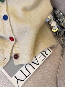 SHEIN 常规宽松圆领卡通刺绣前扣无袖开衫 - 杏色 - 查看 4