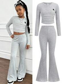 SHEIN Tween Girls Solid Color Round Neck Long Sleeve T-Shirt And Pants 2-Piece Set Fall Winter - Grey - View 1