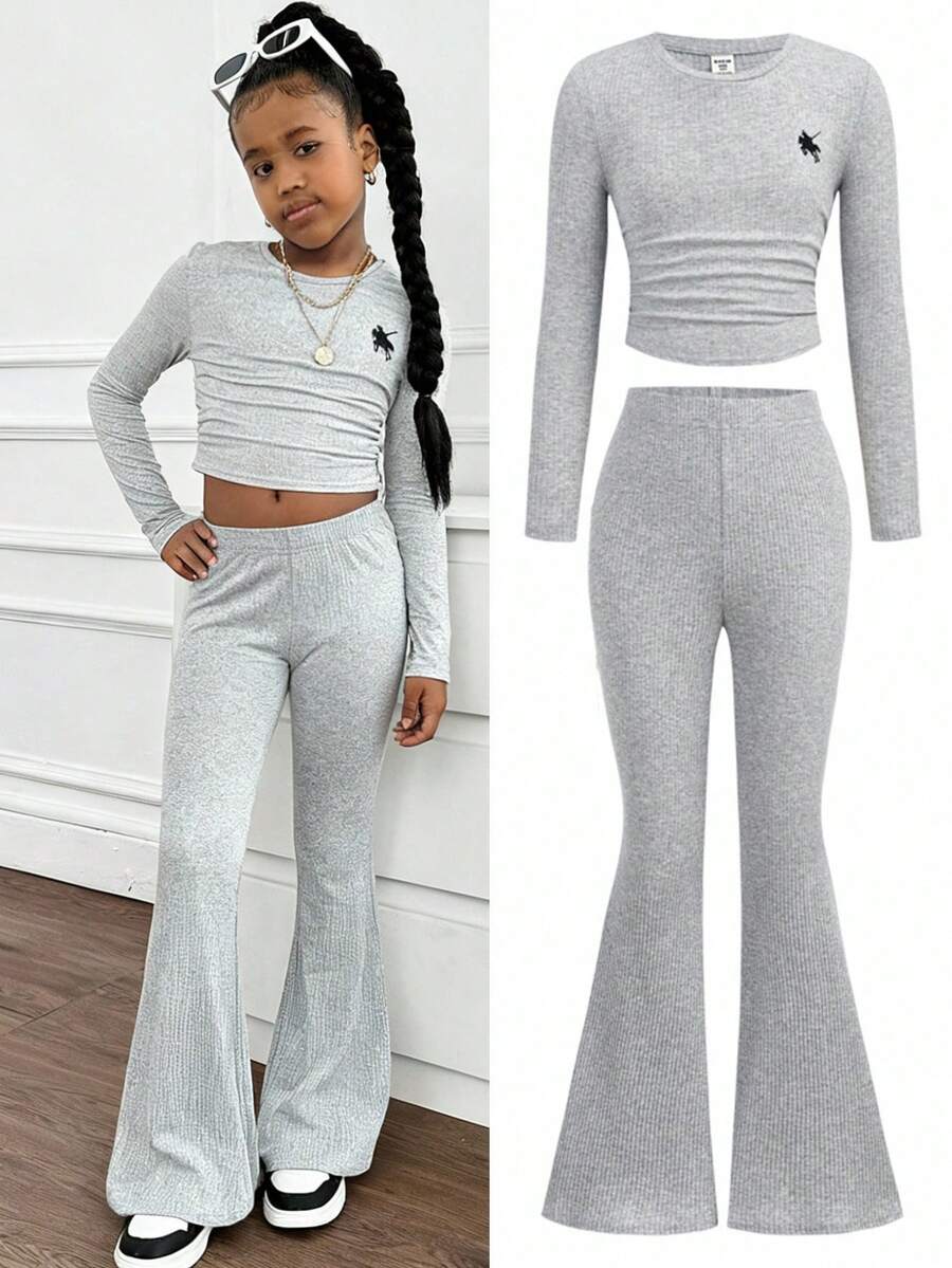 SHEIN Tween Girls Solid Color Round Neck Long Sleeve T-Shirt And Pants 2-Piece Set Fall Winter - Grey - View 1