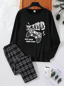 2件套男童休闲游戏印花圆领长袖上衣和格子宽松睡裤睡衣套装，柔软针织面料 - 黑色 - 查看 4