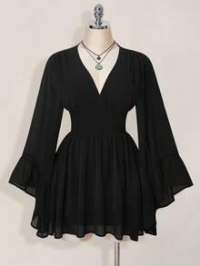 SHEIN ICON 女式纯色V领束腰优雅长袖迷你连衣裙 - 黑色 - 查看 5