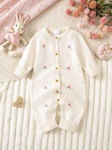 SHEIN Baby Mädchen Blumen Stickerei Knopfleiste Rundhals Langarm Romper Herbst Winter Kleidung für Frauen - Beige - Übersicht 9