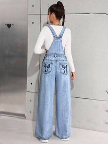 SHEIN 少女时尚休闲 Y2K 复古酷炫街头返校学院风蓝色宽松长款牛仔裤，后袋饰有蝴蝶结图案，适合少女日常穿着，也适合少女秋冬季参加锐舞派对、音乐节和街头服饰。 - 藍色 - 查看 2