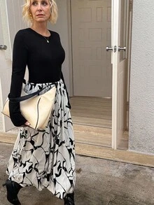 Vivie Lora Gaun Sweater Rajut Blok Warna Mode Musim Gugur/Dingin Wanita - Hitam - View 4