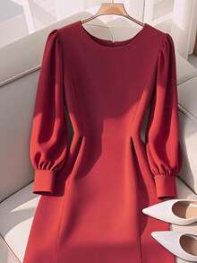 Franclia Vestido de mujer con cuello redondo, mangas farol y cremallera en el bajo con abertura