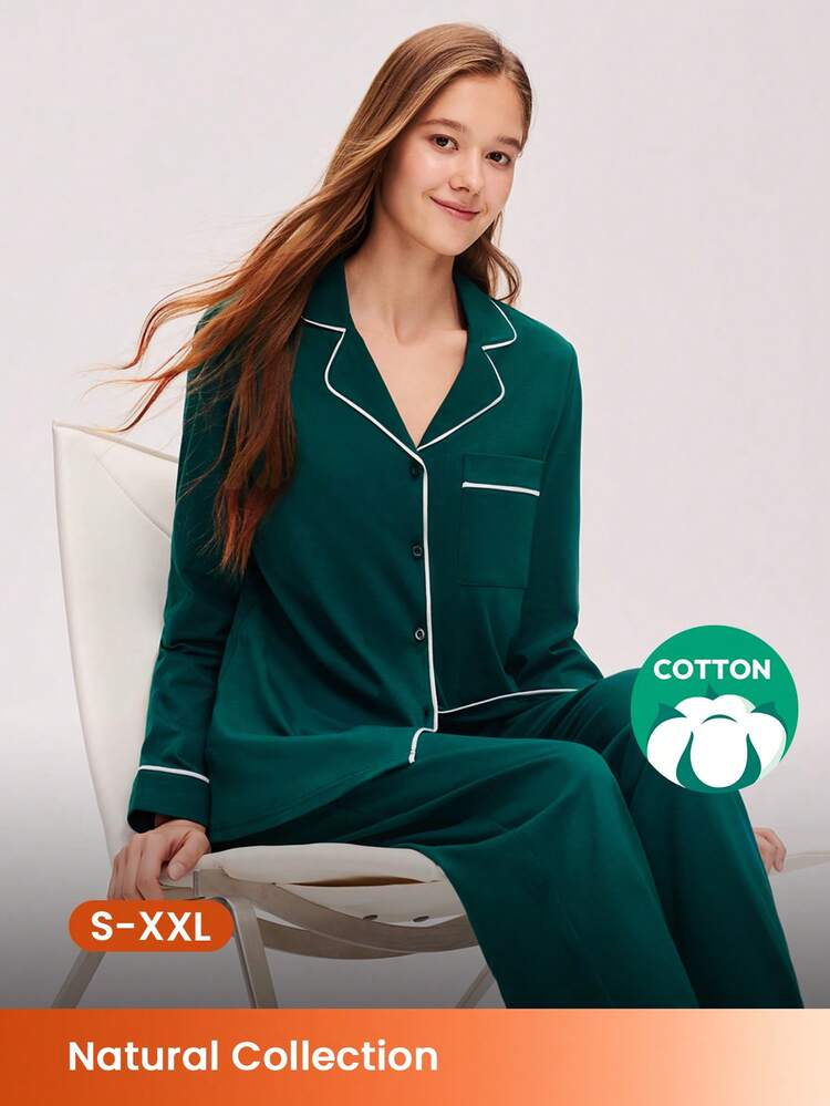Pijama de Navidad y Año Nuevo para pareja, suave 100% algodón puro con ribete de contraste verde, top abotonado básico y pantalones, conjunto de prendas de estar en casa con bolsillos, para mujer, ropa de otoño