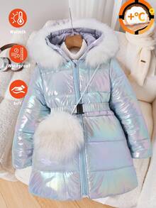 SHEIN Tween Girl Fashionable Laser Hooded Jacket With Faux Fur Collar, Winter - Silver - View 7