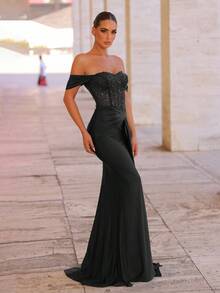 Glamrae Elegant Luxurious Emerald Green Off-Shoulder Beaded & Sequin Splice Elastic Knit Mermaid Tail Swimsuit With Train, Suitable For Weddings, Parties, Vacations, Proms, Galas (Heavy-Duty) - Black - View 5