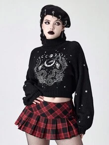 ROMWE Goth 女式高领深色哥特式黑色神秘星月蛇皮植物刺绣套头衫 - 黑色 - 查看 6