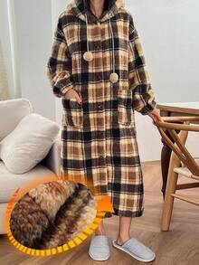 DAZY Bata de mujer con estampado de cuadros, de felpa, cálida y acogedora para el invierno