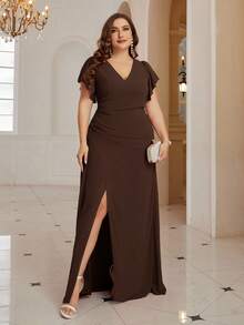 SHEIN Belle Plus Size Overlap Collar Waist Ruched Hem Slit Chiffon Dress - Coffee Brown - View 4