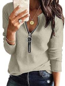 INAWLY Women's Casual Solid Color Half Zip T-Shirt, Versatile For Autumn