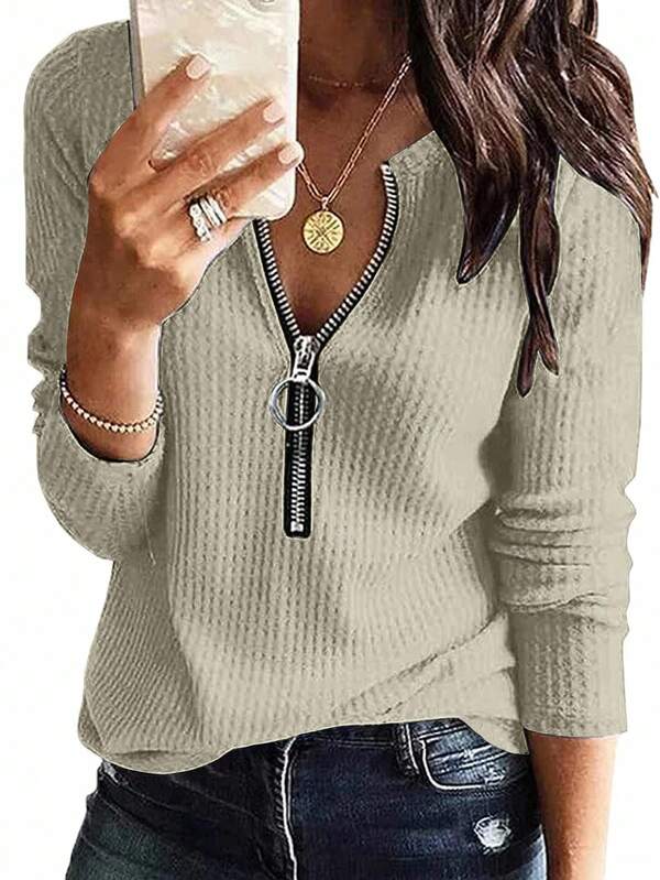INAWLY Women's Casual Solid Color Half Zip T-Shirt, Versatile For Autumn