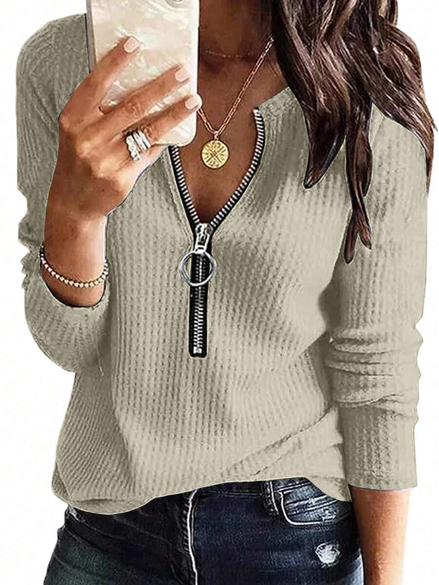 INAWLY Women's Casual Solid Color Half Zip T-Shirt, Versatile For Autumn