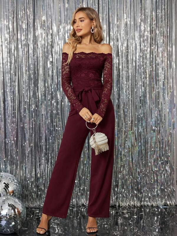SHEIN Clasi Women's Contrast Lace Off Shoulder Long Sleeve Tie-Waist Elegant Jumpsuit