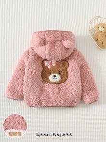 Cozy Pixies 女婴卡通熊图案保暖连帽开衫外套，秋冬季女婴抓绒冬装外套，冬季小熊婴儿外套，小熊外套，女婴毛绒外套，女婴冬季服装 - 藕粉色 - 查看 3
