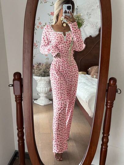 CottageSlumber Cottage Slumber Kanten Square Neck Button Romantic Ditsy Bloemen Long Sleeve Top Pants Pajama Set Roze Pyjama Comfy Matching Lounge Set, Fall Clothes view 3