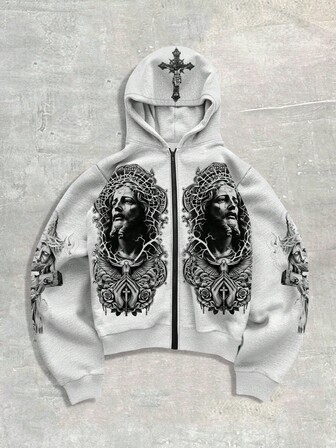 Street Life Herren Herbst Kapuzenpullover mit Reißverschluss und Kreuz- & Figuren Muster