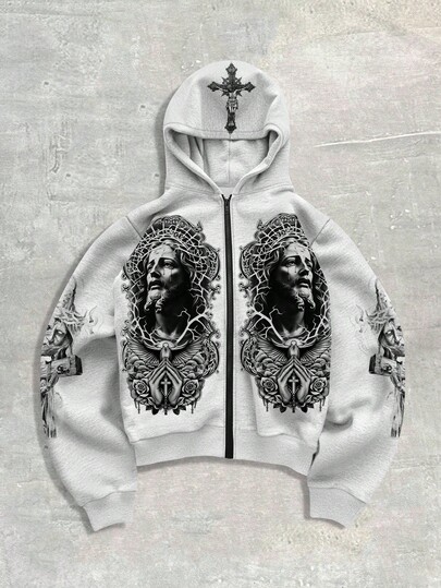 Street Life Sudadera con capucha con cremallera y estampado de cruz y figura para hombre, otoño