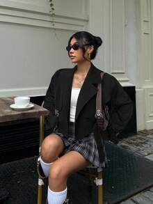 Muchica 秋冬女士休闲黑色长袖双排扣系带风衣 - 黑色 - 查看 1