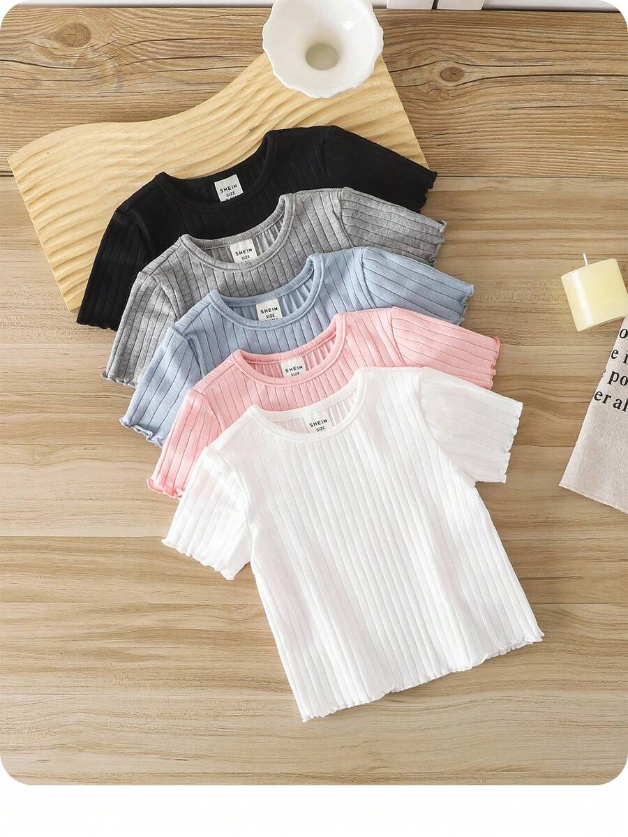 Set de 5 blusas de manga corta con volantes en el bajo y color liso para niñas bebé, compra 1 y llévate 4 gratis, ideal para verano - Blanco y Negro - Ver 1