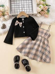 SHEIN Baby Girl & Toddler 2-Piece Plaid Dress And Black Bow Knit Cardigan Set,Elegant Preppy Style Khaki Outfit For Autumn,Family Matching Party Clothing - Multicolor - View 2