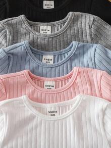 Set de 5 blusas de manga corta con volantes en el bajo y color liso para niñas bebé, compra 1 y llévate 4 gratis, ideal para verano - Blanco y Negro - Ver 3