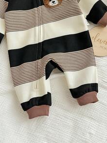 Pelele con capucha de punto a rayas y estampado de dibujos animados, informal y lindo para bebé recién nacido niño/niña